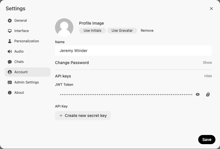 Open WebUI Account Window
